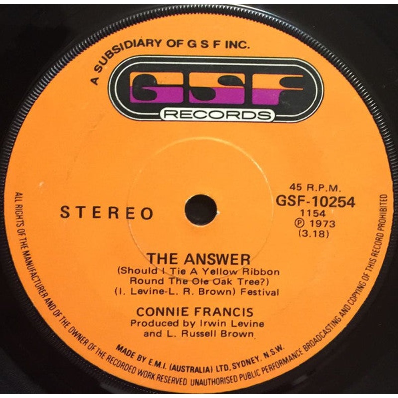 Connie Francis – The Answer (Should I Tie A Yellow Ribbon Round The Ole Oak Tree?) (7, Single) (Very Good (VG))