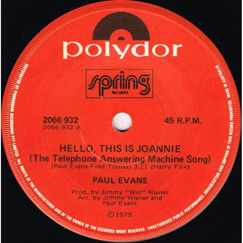 Paul Evans – Hello, This Is Joannie (The Telephone Answering Machine Song) (7, Single) (Very Good (VG))