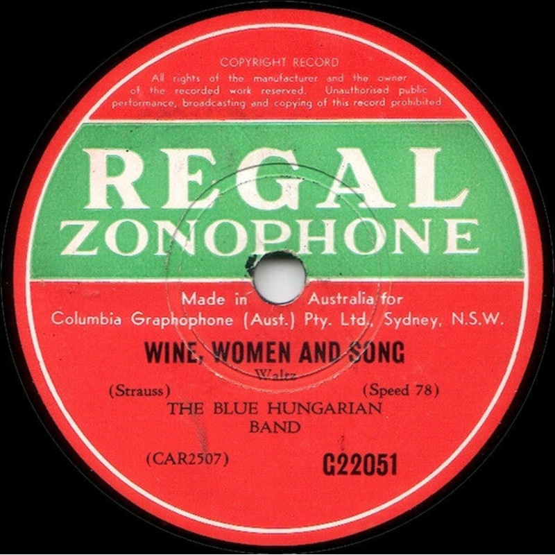 The Blue Hungarian Band – Wine, Women And Song / Over The Waves (Shellac, 10, RP) (Very Good (VG))
