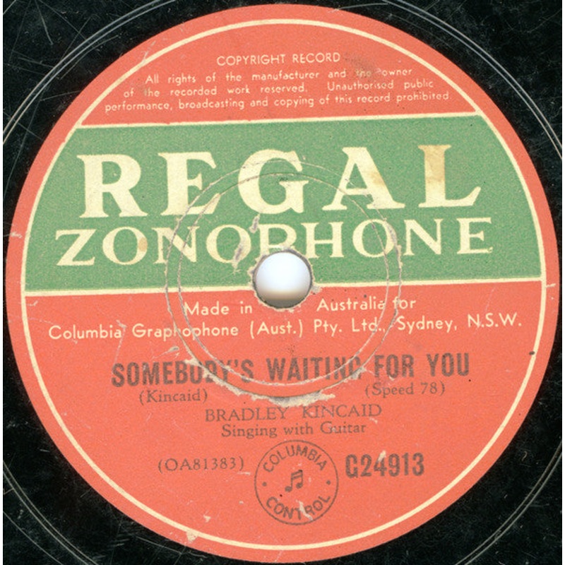 Bradley Kincaid – Somebody’s Waiting For You / The Blind Girl (Shellac, 10) (Very Good Plus (VG+))