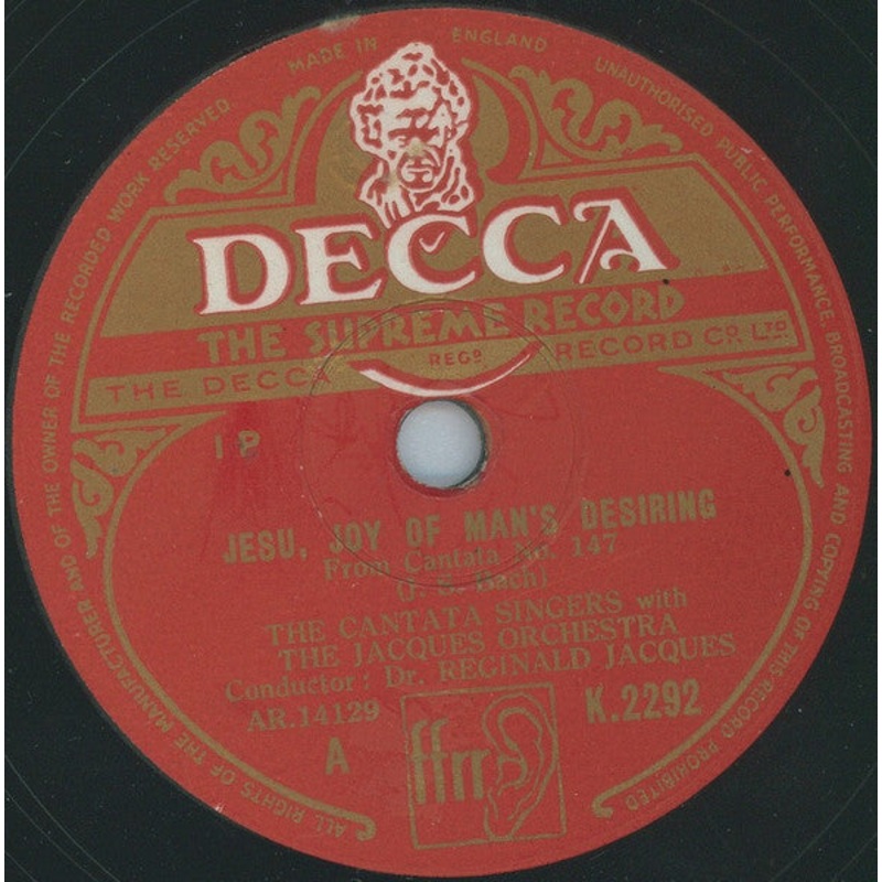 J. S. Bach* – The Cantata Singers with The Jacques Orchestra, Dr. Reginald Jacques* – Jesu, Joy Of Man’s Desiring / Sleepers Wake (Shellac, 12) (Very Good (VG))
