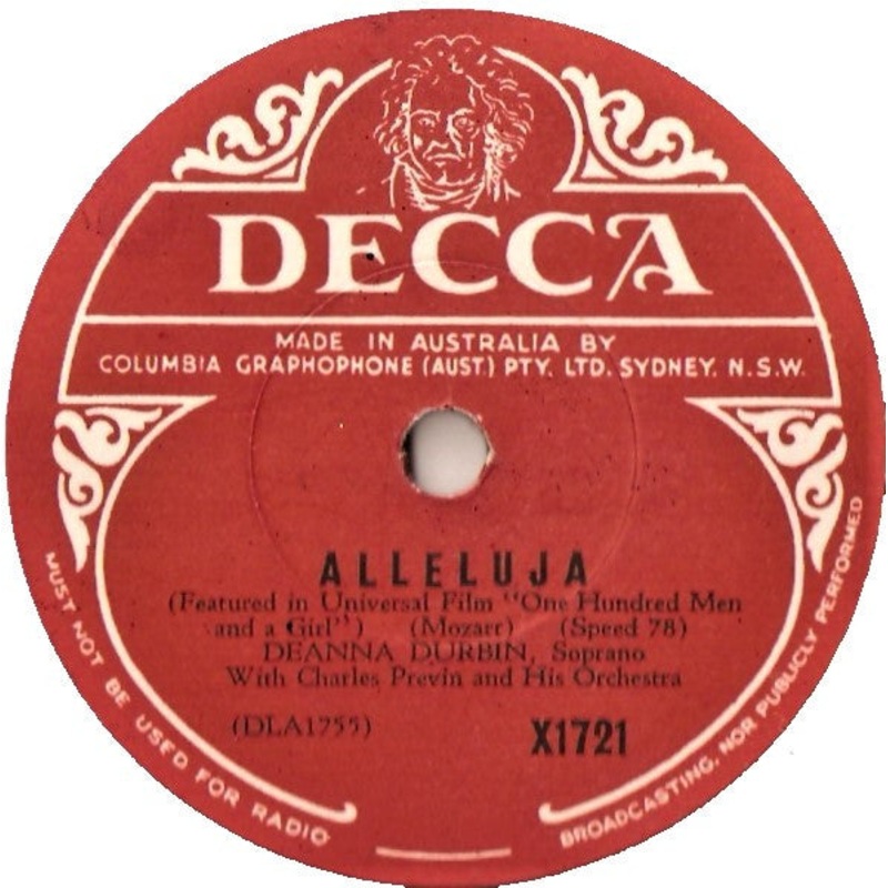 Deanna Durbin, Charles Previn And His Orchestra – Alleluja / Ave Maria (Shellac, 10) (Very Good (VG))