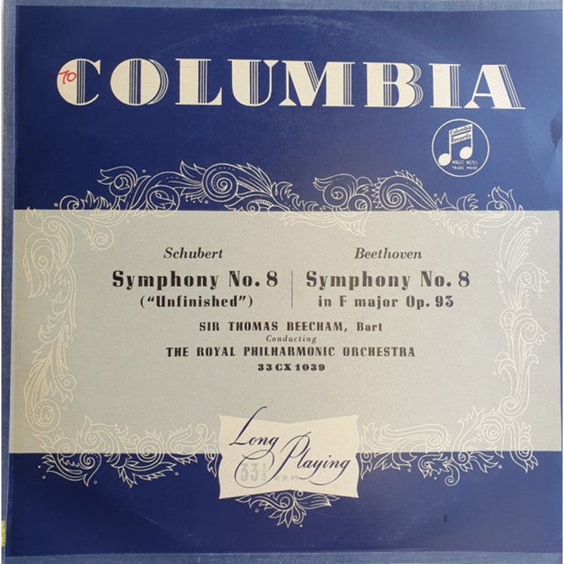 Franz Schubert / Ludwig van Beethoven – Sir Thomas Beecham Conducting Royal Philharmonic Orchestra – Symphony No. 8 In B Minor (Unfinished) / Symphony No. 8 In F Major, Op. 93 (LP, Blu) (Very Good Plus (VG+))