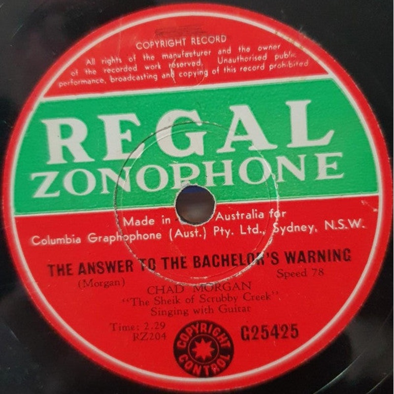 Chad Morgan – The Answer To The Bachelor’s Warning / The Duckinwilla Dance (Shellac, 10) (Good Plus (G+))