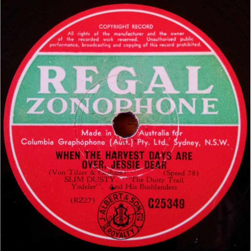 Slim Dusty And His Bushlanders – When The Harvest Days Are Over, Jessie Dear / When The Sun Goes Down Out Back (Shellac, 10, Single) (Very Good (VG))