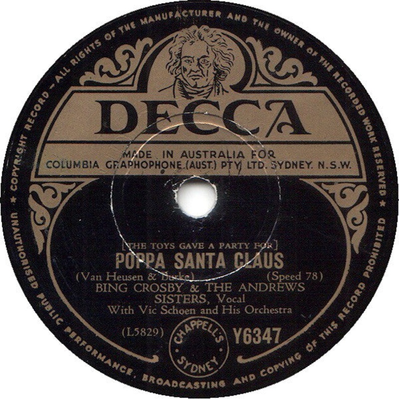 Bing Crosby & The Andrews Sisters – (The Toys Gave A Party For) Poppa Santa Claus / Christmas In Killarney (Shellac, 10) (Good Plus (G+))