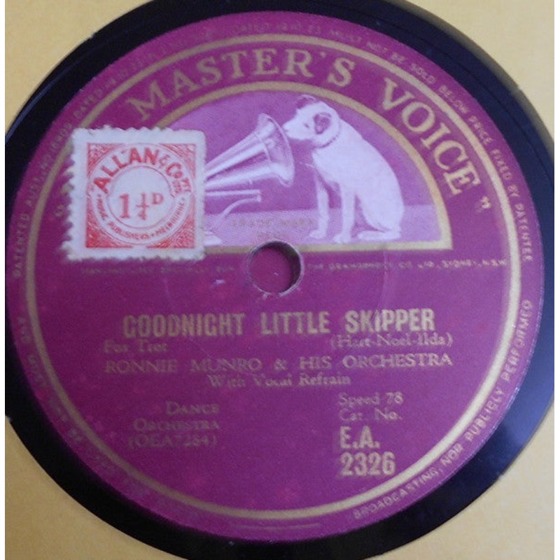 Ronnie Munro & His Orchestra – Goodnight Little Skipper / Tears On My Pillow (Shellac, 10) (Very Good (VG))