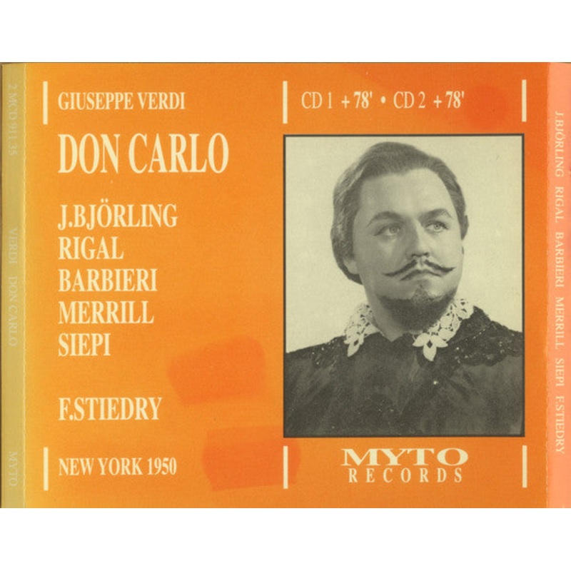 Giuseppe Verdi, Jussi Bjrling, Delia Rigal, Fedora Barbieri, Robert Merrill, Cesare Siepi, The Metropolitan Opera House Orchestra And Metropolitan Opera Chorus, Fritz Stiedry – Don Carlo (2xCD, Mono) (Very Good Plus (VG+))