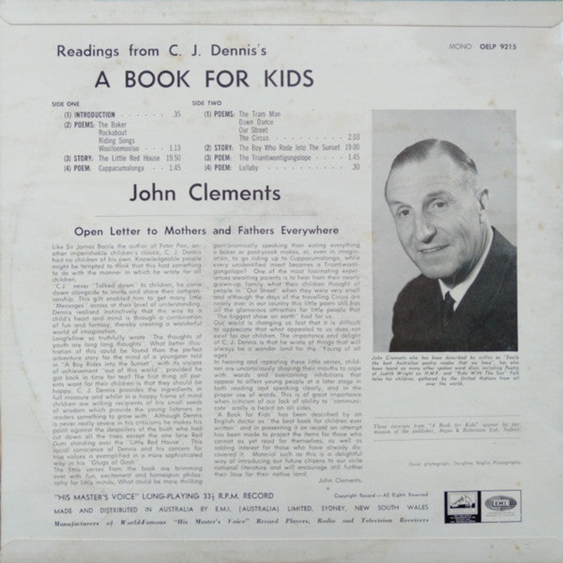 John Clements  – Readings From C. J. Dennis’s A Book For Kids (LP, Album, Mono) (Very Good Plus (VG+))